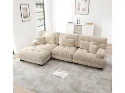 Sofá extragrande em forma de L, adequado para a sala de estar, com apoio para os pés, veludo canelado, bege