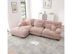 Sofá extragrande em forma de L, adequado para a sala de estar, com apoio para os pés, veludo canelado, rosa