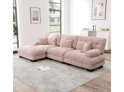 Sofá extragrande em forma de L, adequado para a sala de estar, com apoio para os pés, veludo canelado, rosa