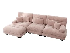 Sofá extragrande em forma de L, adequado para a sala de estar, com apoio para os pés, veludo canelado, rosa