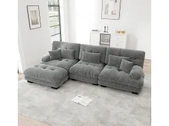 Sofá extragrande em forma de L, adequado para a sala de estar, com apoio para os pés, veludo canelado, cinzento
