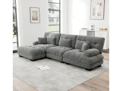 Sofá extragrande em forma de L, adequado para a sala de estar, com apoio para os pés, veludo canelado, cinzento