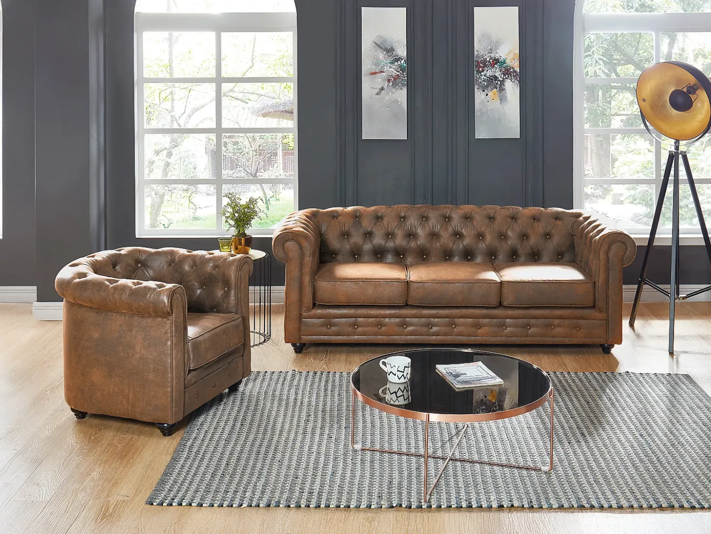 Sofá 3Lugares +cadeirão microfibra envelhecida CHESTERFIELD