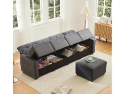 Sofá moderno de 4 lugares - 280 x 146 x 85 cm - com espaço de arrumação sob os assentos + pufe modular - veludo - cinza