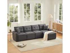 Sofá moderno de 4 lugares - 280 x 146 x 85 cm - com espaço de arrumação sob os assentos + pufe modular - veludo - cinza
