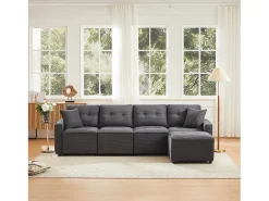 Sofá moderno de 4 lugares - 280 x 146 x 85 cm - com espaço de arrumação sob os assentos + pufe modular - veludo - cinza