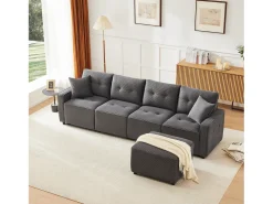 Sofá moderno de 4 lugares - 280 x 146 x 85 cm - com espaço de arrumação sob os assentos + pufe modular - veludo - cinza
