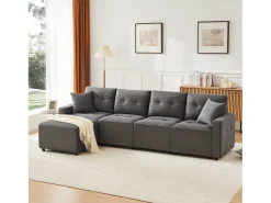 Sofá moderno de 4 lugares - 280 x 146 x 85 cm - com espaço de arrumação sob os assentos + pufe modular - veludo - cinza
