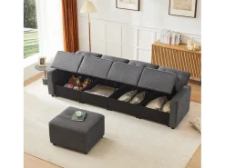 Sofá moderno de 4 lugares - 280 x 146 x 85 cm - com espaço de arrumação sob os assentos + pufe modular - veludo - cinza
