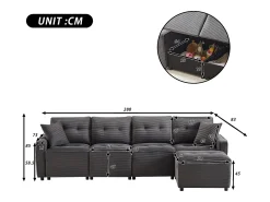 Sofá moderno de 4 lugares - 280 x 146 x 85 cm - com espaço de arrumação sob os assentos + pufe modular - veludo - cinza