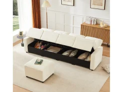 Sofá moderno de 4 lugares - 280 x 146 x 85 cm - com espaço de arrumação sob os assentos + pufe modular - veludo - bege