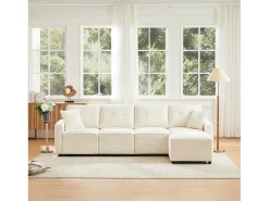 Sofá moderno de 4 lugares - 280 x 146 x 85 cm - com espaço de arrumação sob os assentos + pufe modular - veludo - bege