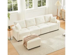 Sofá moderno de 4 lugares - 280 x 146 x 85 cm - com espaço de arrumação sob os assentos + pufe modular - veludo - bege