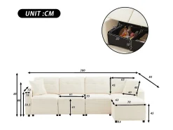 Sofá moderno de 4 lugares - 280 x 146 x 85 cm - com espaço de arrumação sob os assentos + pufe modular - veludo - bege