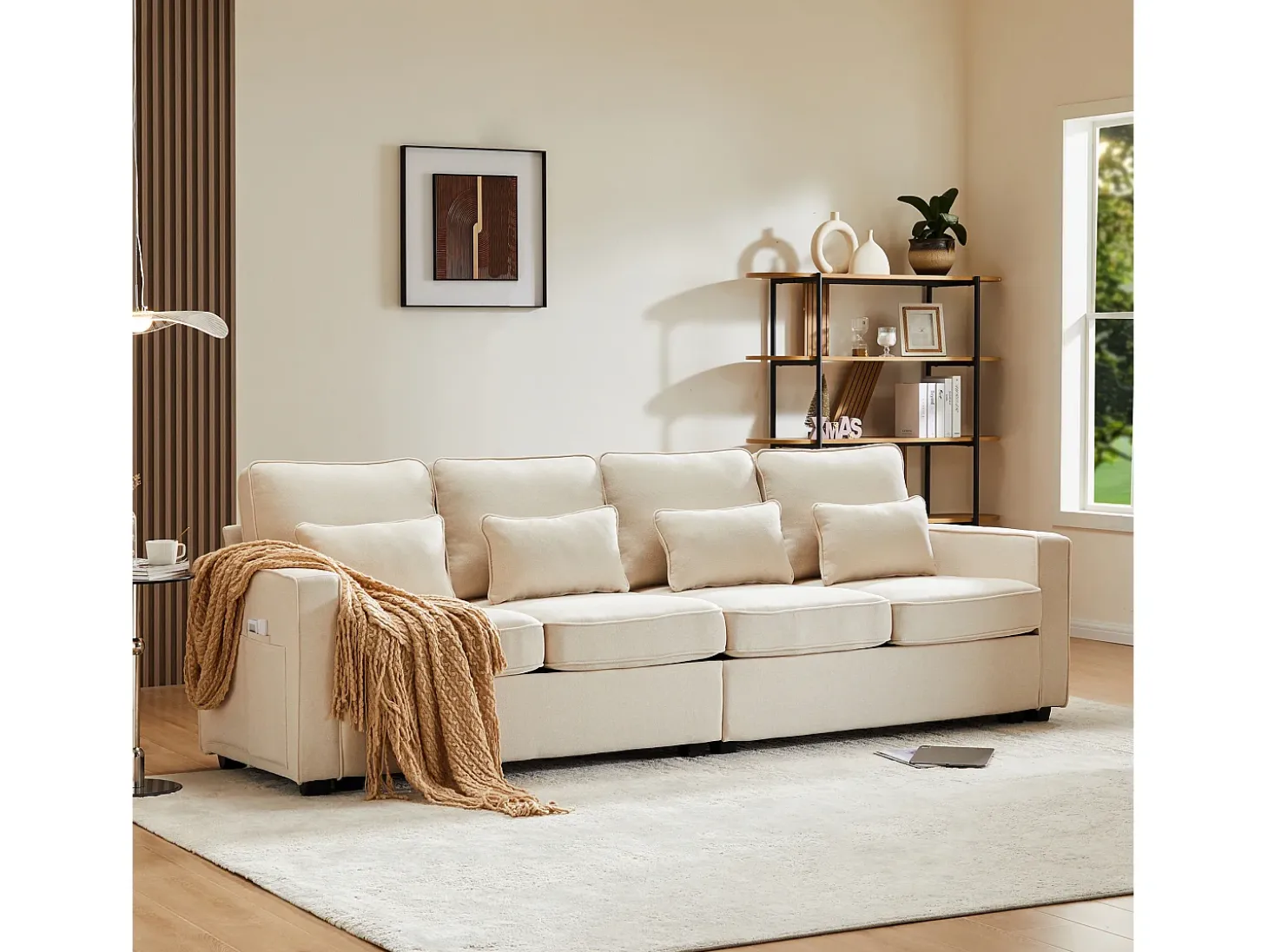 Sofá moderno de 4 lugares com 4 almofadas - 264 x 83 x 87 cm - Tecido de linho - Bege