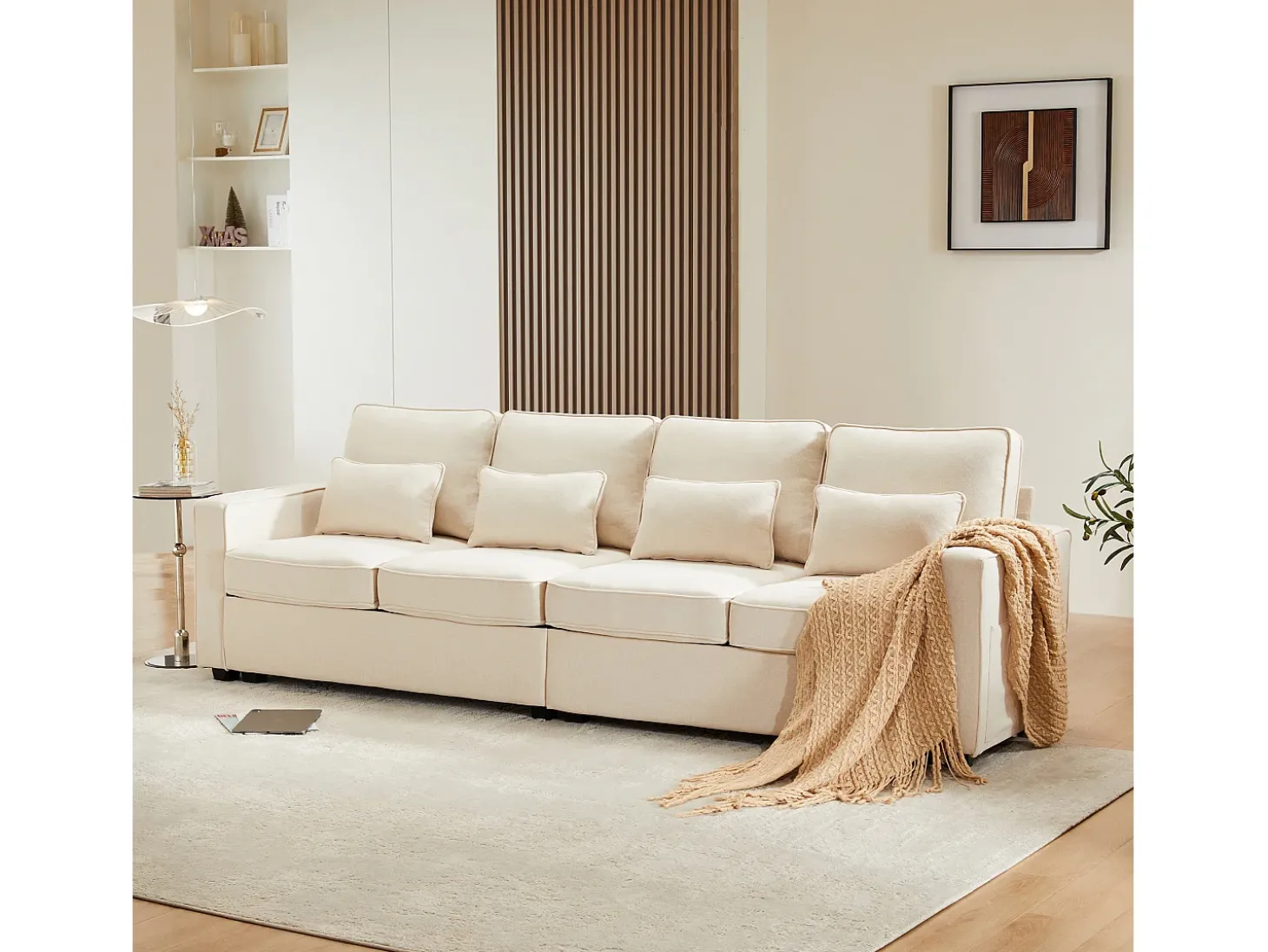 Sofá moderno de 4 lugares com 4 almofadas - 264 x 83 x 87 cm - Tecido de linho - Bege