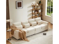 Sofá moderno de 4 lugares com 4 almofadas - 264 x 83 x 87 cm - Tecido de linho - Bege