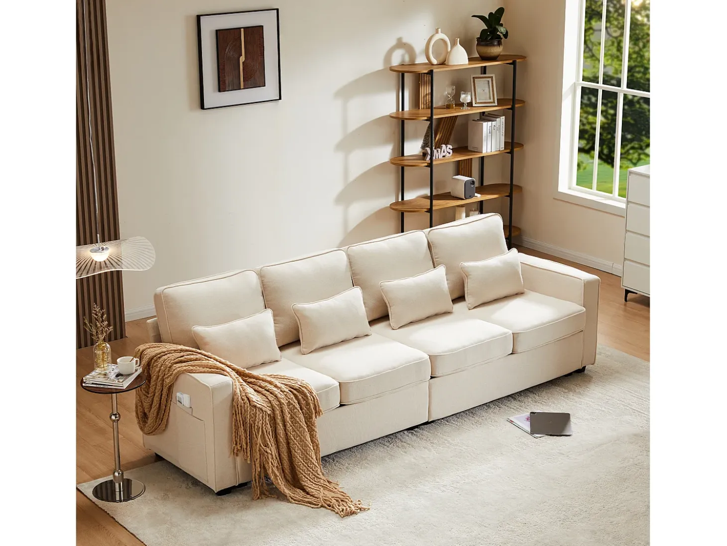 Sofá moderno de 4 lugares com 4 almofadas - 264 x 83 x 87 cm - Tecido de linho - Bege