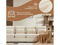 Sofá moderno de 4 lugares com 4 almofadas - 264 x 83 x 87 cm - Tecido de linho - Bege
