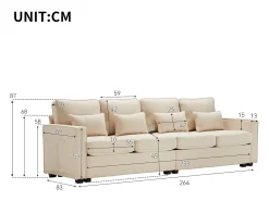 Sofá moderno de 4 lugares com 4 almofadas - 264 x 83 x 87 cm - Tecido de linho - Bege