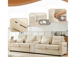Sofá moderno de 4 lugares em tecido de linho - com portas USB e 2 bases para copos - Bege