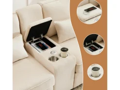 Sofá moderno de 4 lugares em tecido de linho - com portas USB e 2 bases para copos - Bege