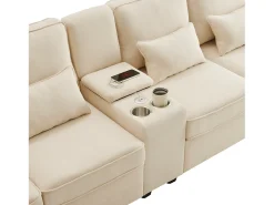 Sofá moderno de 4 lugares em tecido de linho - com portas USB e 2 bases para copos - Bege