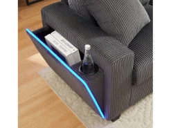 Sofá moderno em forma de U - con USB, Type-C e lâmpada de leitura - con luzes LED na porta - con porta-copos e 2 pés-de-boi - veludo canelado - Cinza