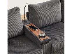 Sofá moderno em forma de U - con USB, Type-C e lâmpada de leitura - con luzes LED na porta - con porta-copos e 2 pés-de-boi - veludo canelado - Cinza