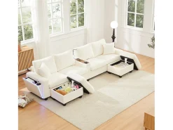 Sofá moderno em forma de U - con USB, Type-C e lâmpada de leitura - con luzes LED na porta - con porta-copos e 2 pés-de-boi - veludo canelado - Bege
