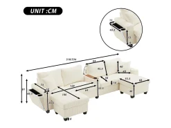 Sofá moderno em forma de U - con USB, Type-C e lâmpada de leitura - con luzes LED na porta - con porta-copos e 2 pés-de-boi - veludo canelado - Bege