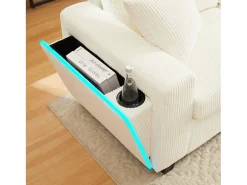 Sofá moderno em forma de U - con USB, Type-C e lâmpada de leitura - con luzes LED na porta - con porta-copos e 2 pés-de-boi - veludo canelado - Bege