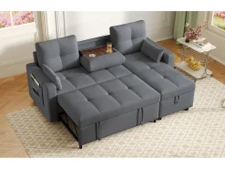 Sofá moderno em L - Sofá-cama modular - Função dormir - Com armazenamento - Com porta-copos - Cinza