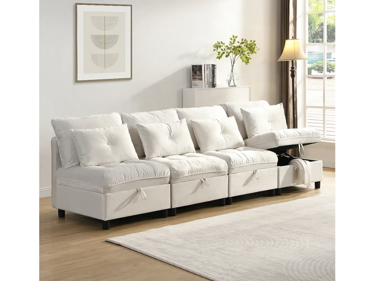 Sofá modular 4 lugares + espaço de armazenamento + revestimento em pelúcia - com combinação de sofá-cama - Bege
