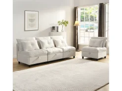 Sofá modular 4 lugares + espaço de armazenamento + revestimento em pelúcia - com combinação de sofá-cama - Bege