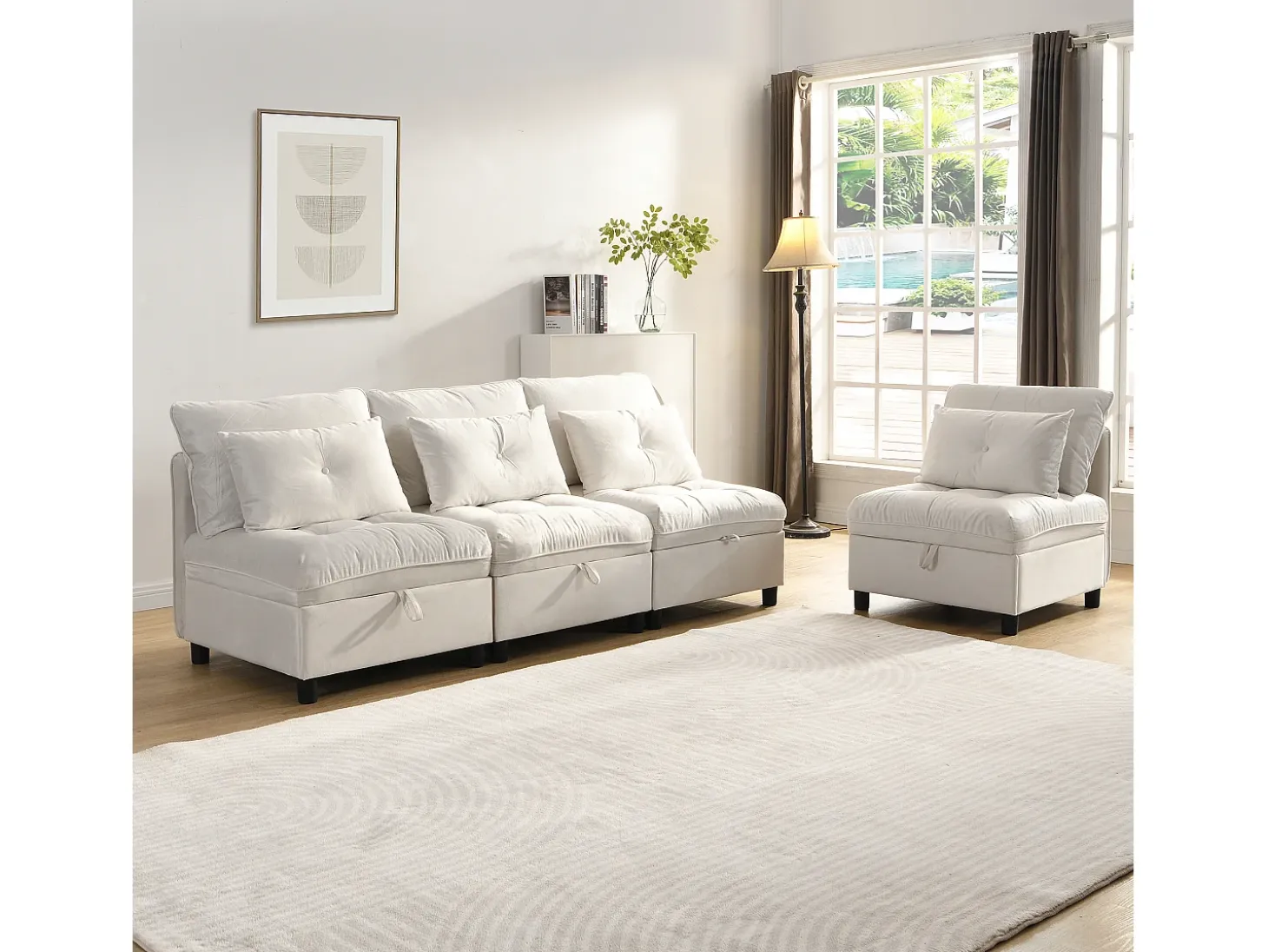 Sofá modular 4 lugares + espaço de armazenamento + revestimento em pelúcia - com combinação de sofá-cama - Bege