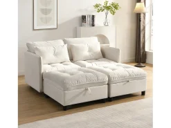 Sofá modular 4 lugares + espaço de armazenamento + revestimento em pelúcia - com combinação de sofá-cama - Bege
