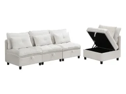 Sofá modular 4 lugares + espaço de armazenamento + revestimento em pelúcia - com combinação de sofá-cama - Bege