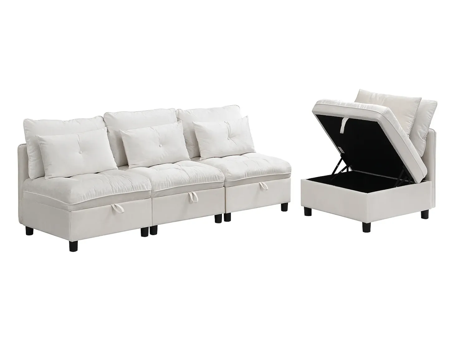 Sofá modular 4 lugares + espaço de armazenamento + revestimento em pelúcia - com combinação de sofá-cama - Bege