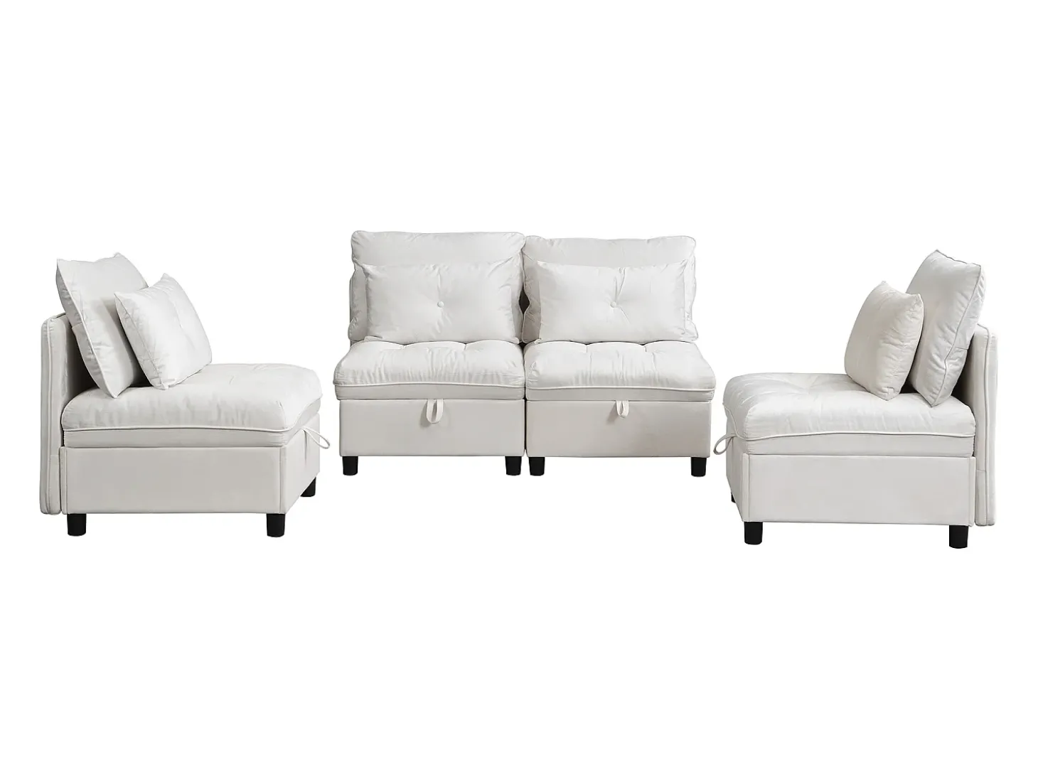 Sofá modular 4 lugares + espaço de armazenamento + revestimento em pelúcia - com combinação de sofá-cama - Bege