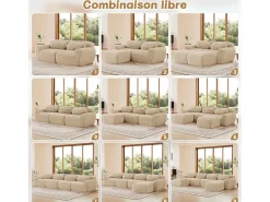 Sofá Modular 3 lugares em tecido peluche, com 3 almofadas, sem estrutura, 291x104x73cm, Caqui