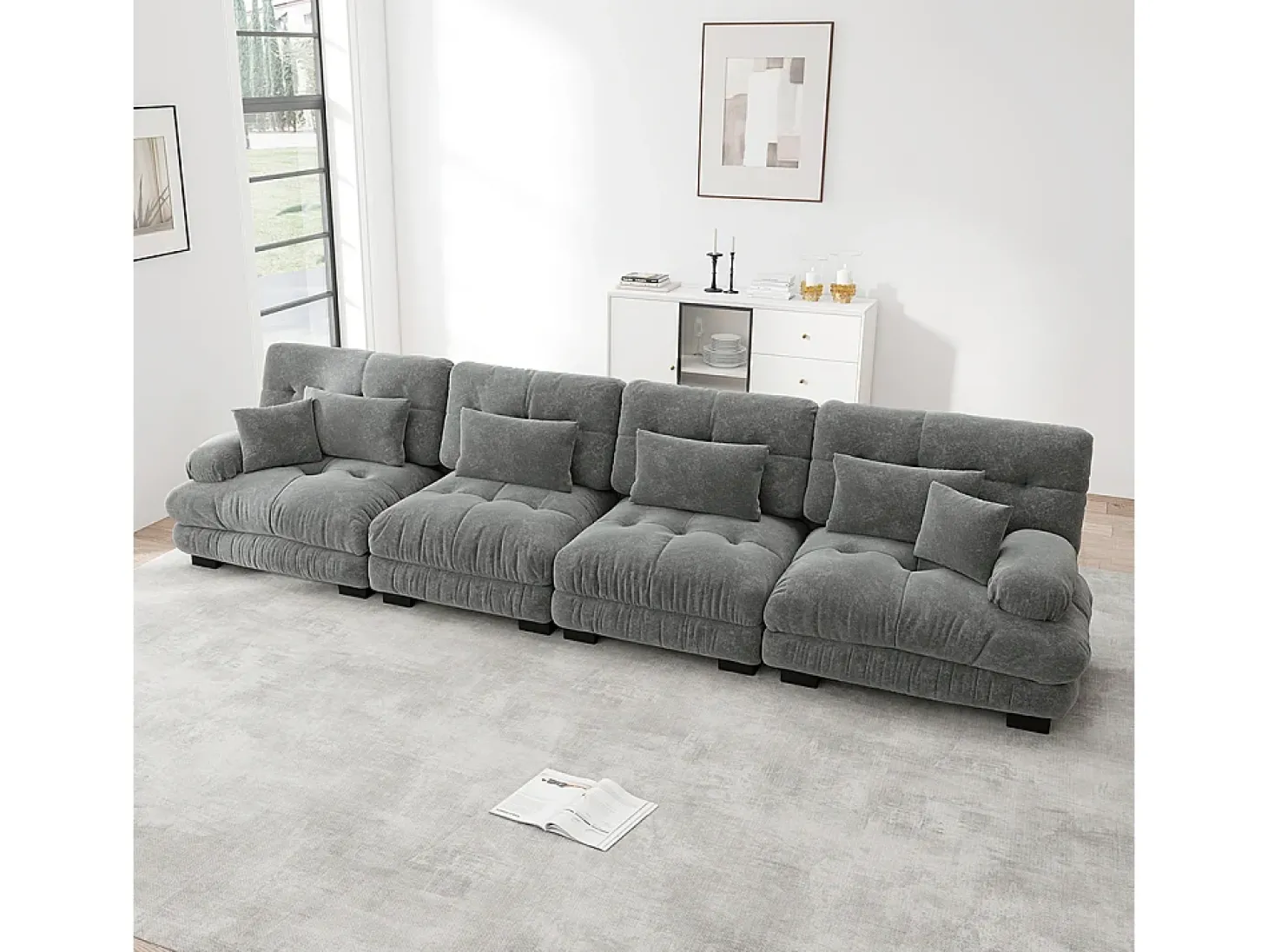 Sofá modular, canto de quatro lugares, veludo, cinzento