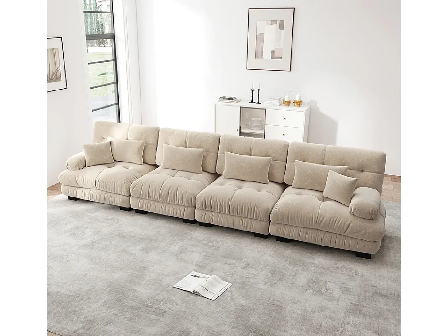Sofá modular, canto de quatro lugares, veludo, bege