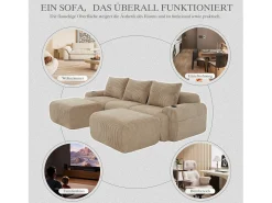 Sofá modular de 3 lugares - 268 x 174 x 80 cm - com 2 pufes + porta-copos + bolso de arrumação - veludo - cáqui