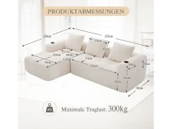 Sofá modular de 4 lugares - 253 x 158 x 61 cm - com bolso lateral + porta-copos + 3 almofadas - veludo - bege