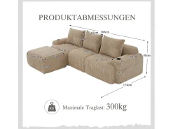 Sofá modular de 3 lugares - 268 x 174 x 80 cm - com 1 pufe + porta-copos + bolso de arrumação - veludo - cáqui