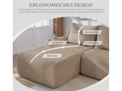 Sofá modular de 3 lugares - 268 x 174 x 80 cm - com 1 pufe + porta-copos + bolso de arrumação - veludo - cáqui