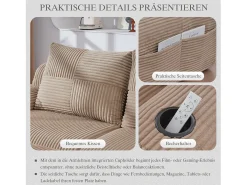 Sofá modular de 3 lugares - 268 x 174 x 80 cm - com 1 pufe + porta-copos + bolso de arrumação - veludo - cáqui