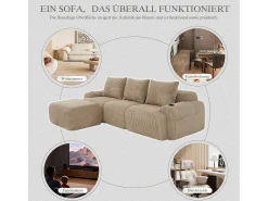 Sofá modular de 3 lugares - 268 x 174 x 80 cm - com 1 pufe + porta-copos + bolso de arrumação - veludo - cáqui