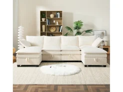 Sofá modular de 6 lugares com arrumação + apoio para os pés removível + portas USB - 280 x 152 x 83 cm - Veludo - bege